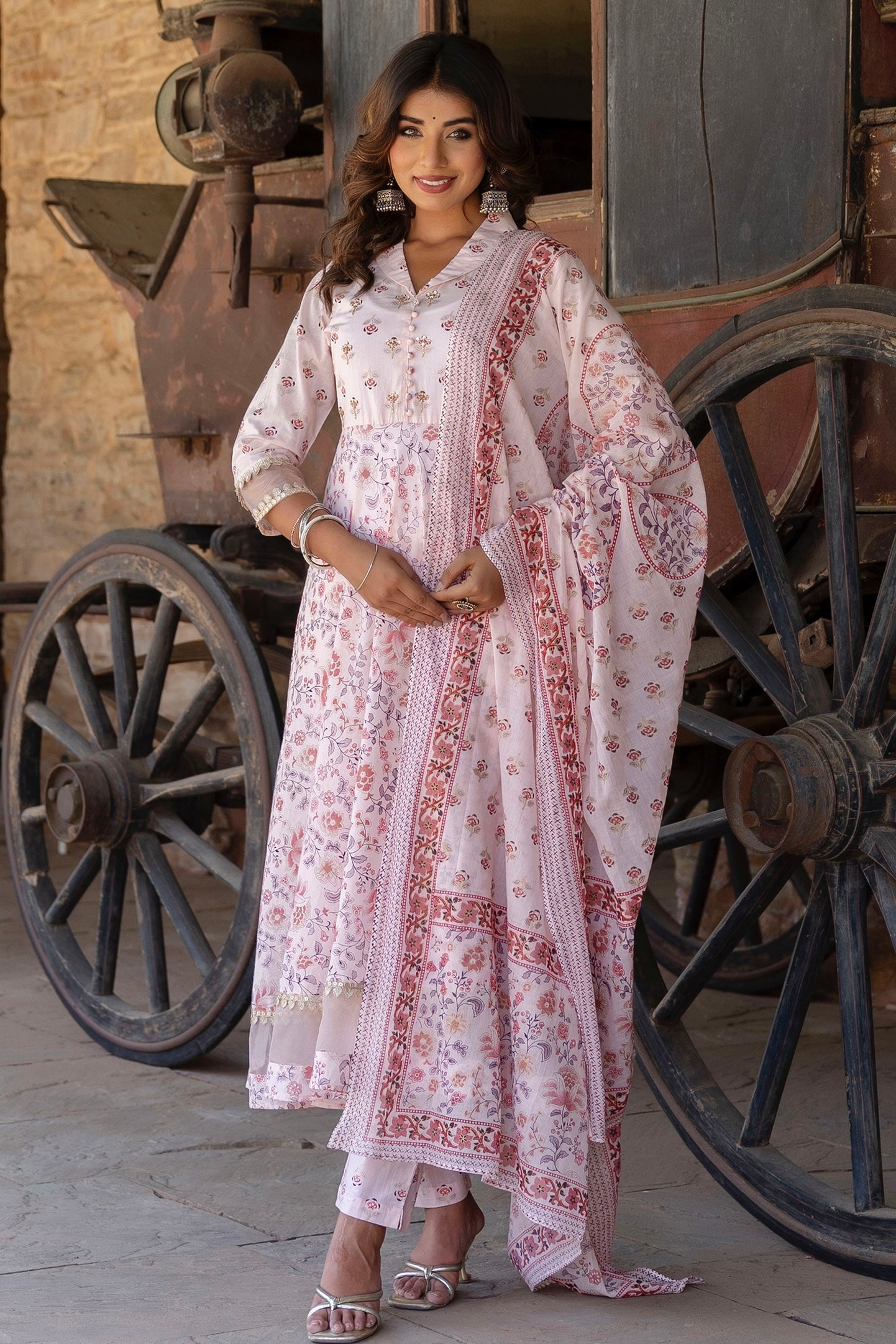 Pragya - Pink Collar Neck Organza Detail Cotton Anarkali Suit Set