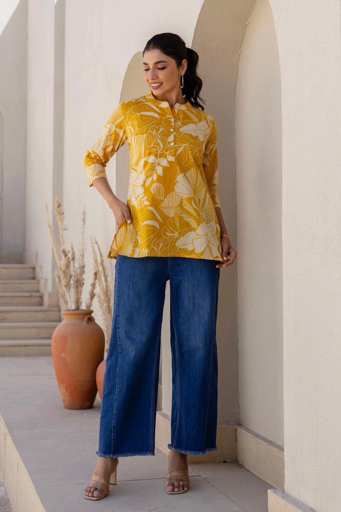Vesper - Yellow Tropical Print Cotton Short Kurti