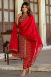 Vidya - Red Traditional Printed Cotton Kurta Set with Dupatta