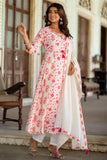 Sameera - Pink and White Cotton Floral Printed Anarkali Suit Set with Dupatta