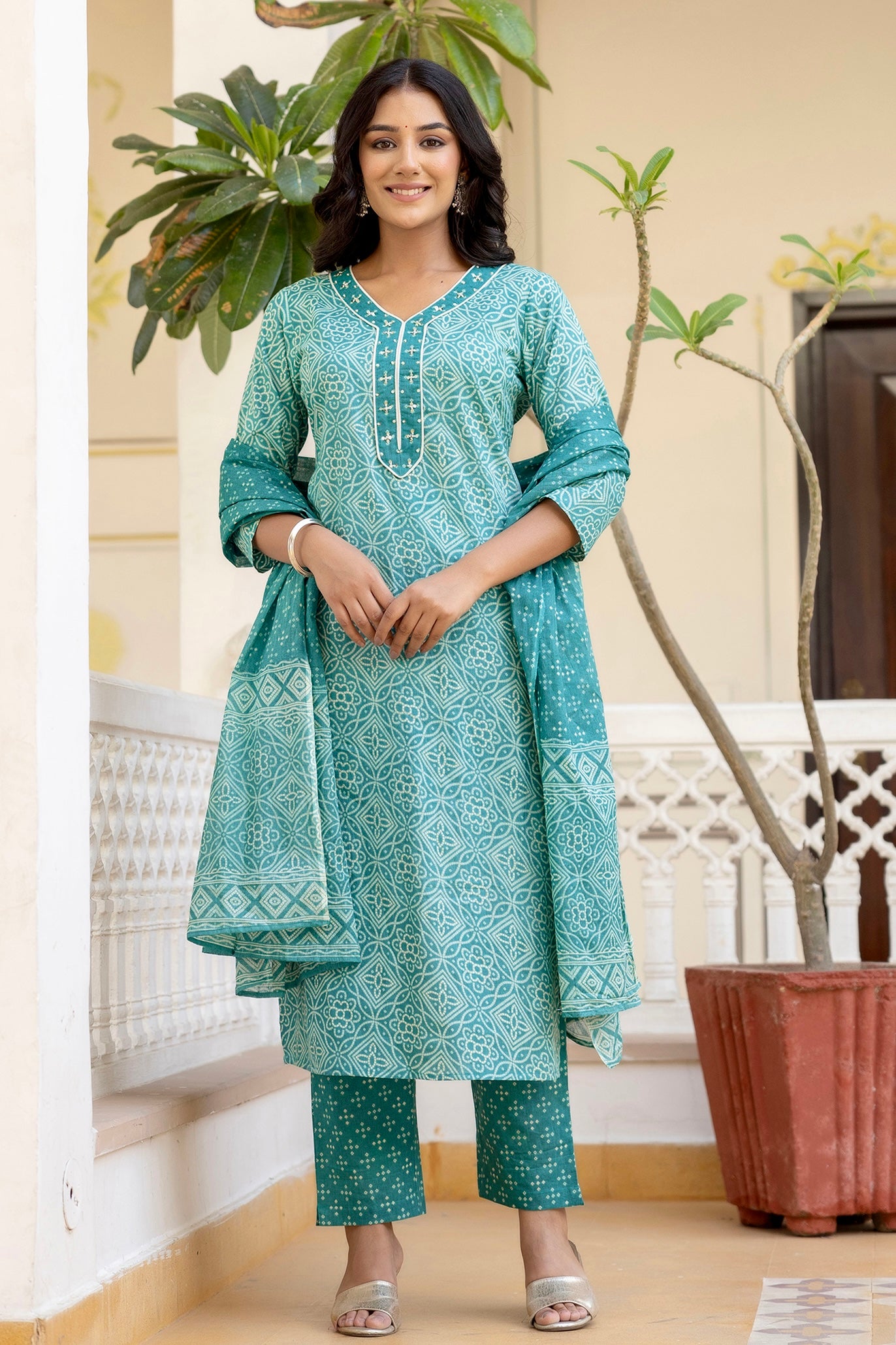 Lily - Green Bandhej Print Festive Cotton Kurta Set with Dupatta