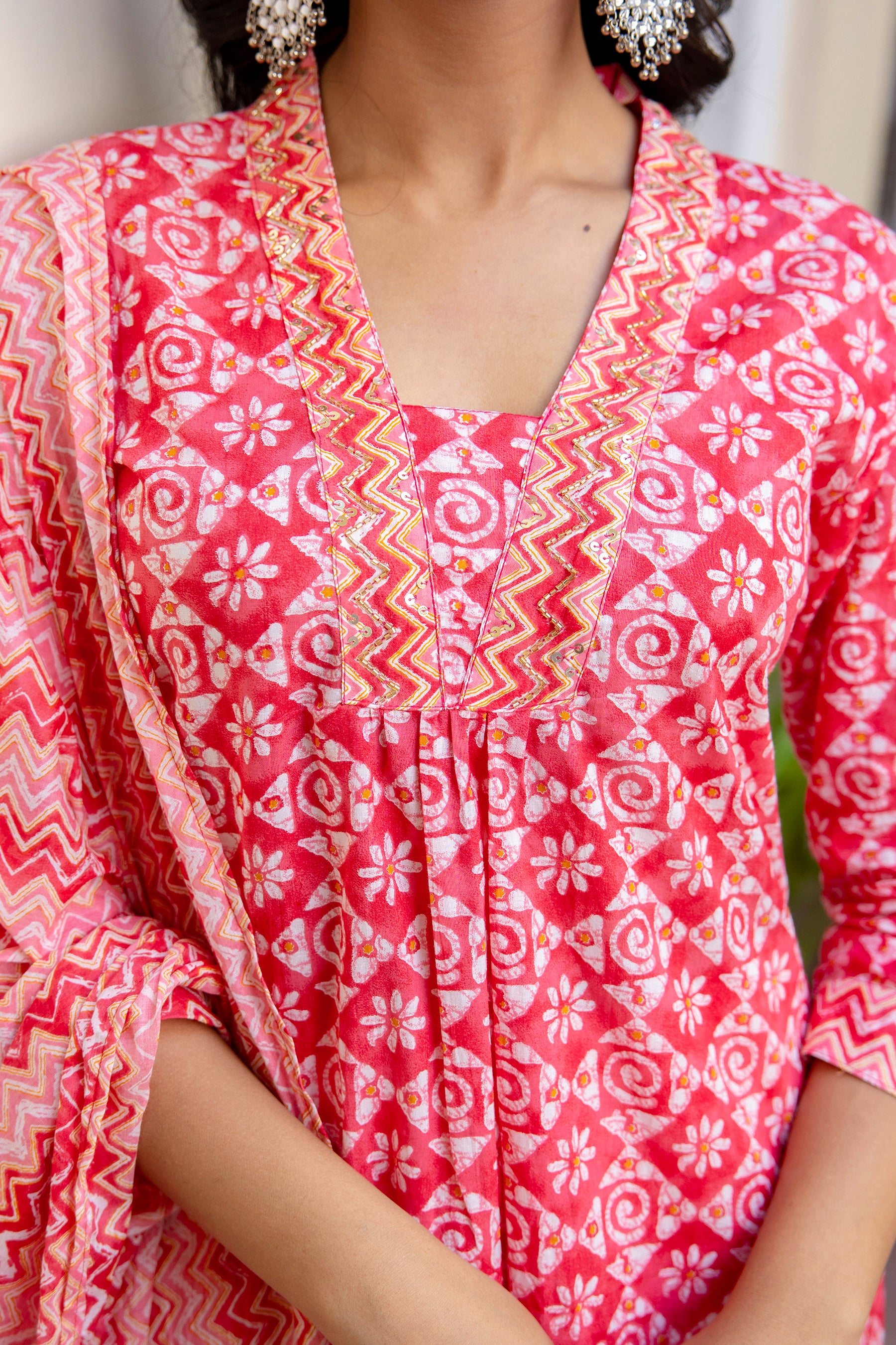 Sejal - Pink Ethnic Printed Front Pleated A-line Cotton Kurta Set with Dupatta