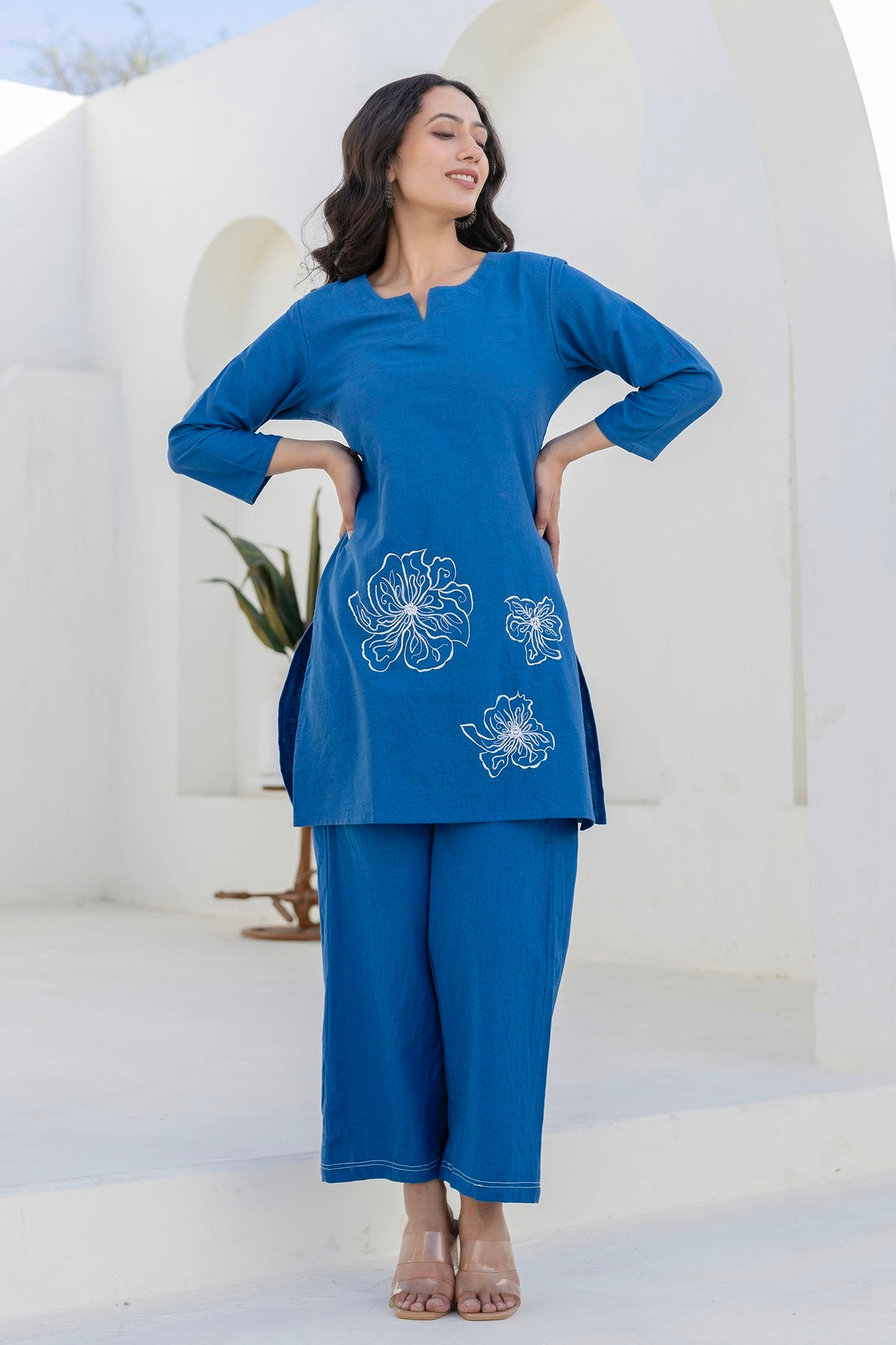 Lyra - Blue Cotton Flex Solid Embroidered Coord Set