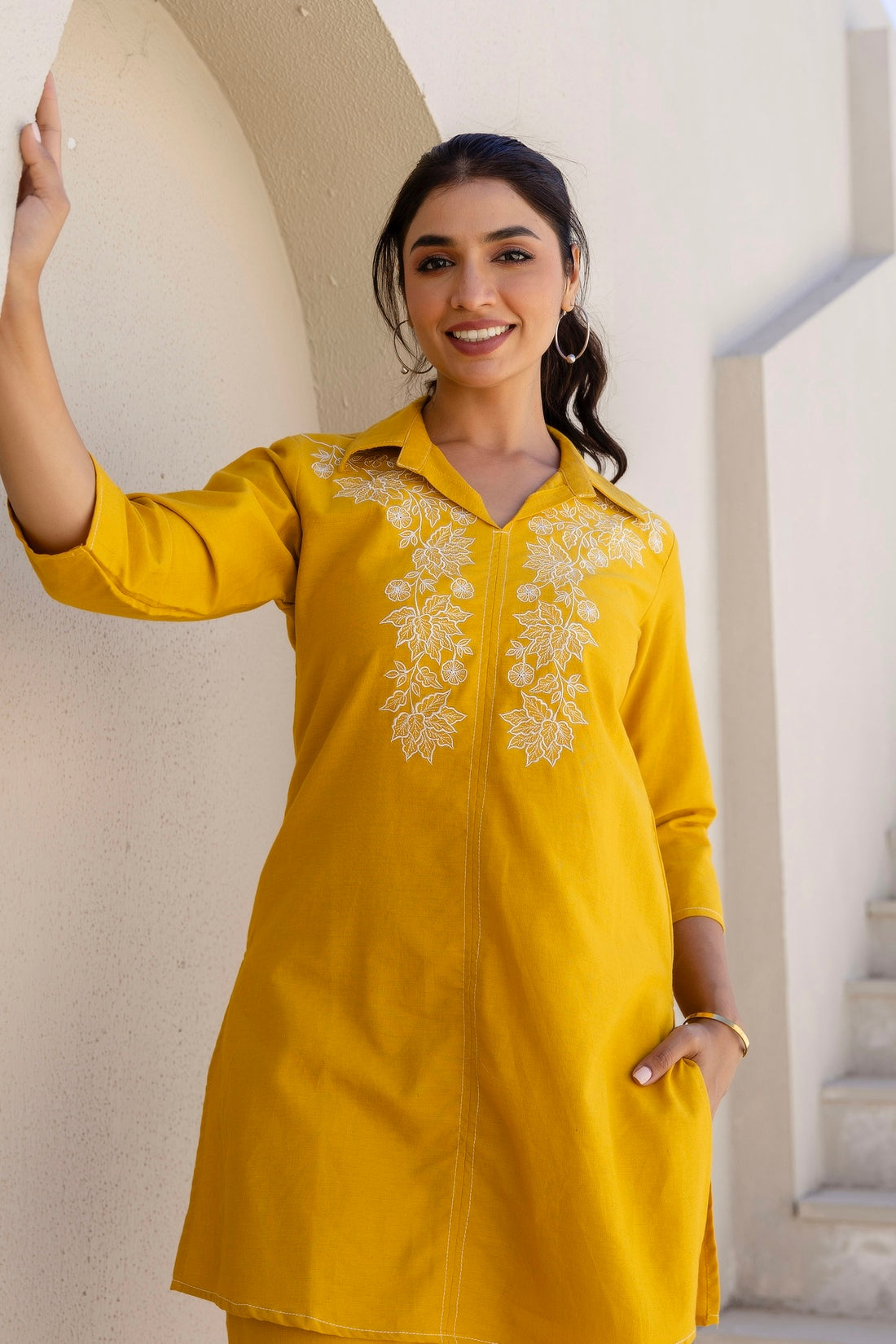 Amaris - Yellow Cotton Flex Solid Embroidered Coord Set