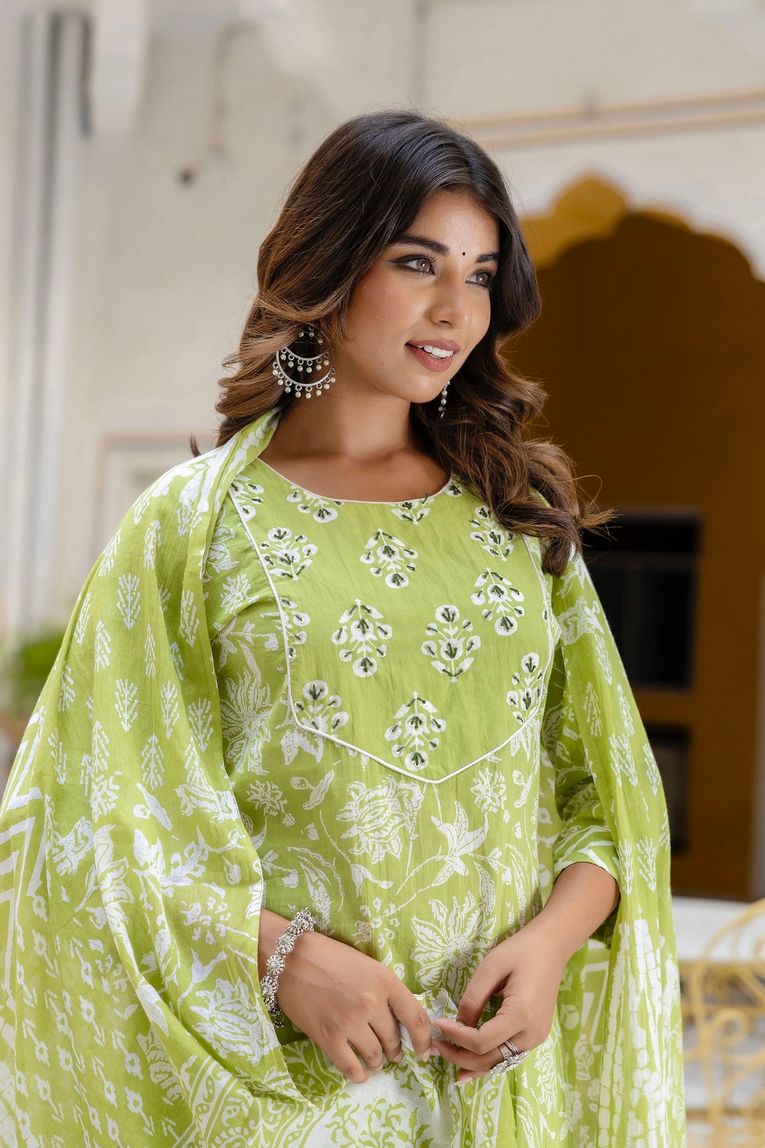 Pihu - Green Yoke Design Printed Cotton Kurta Set with Dupatta