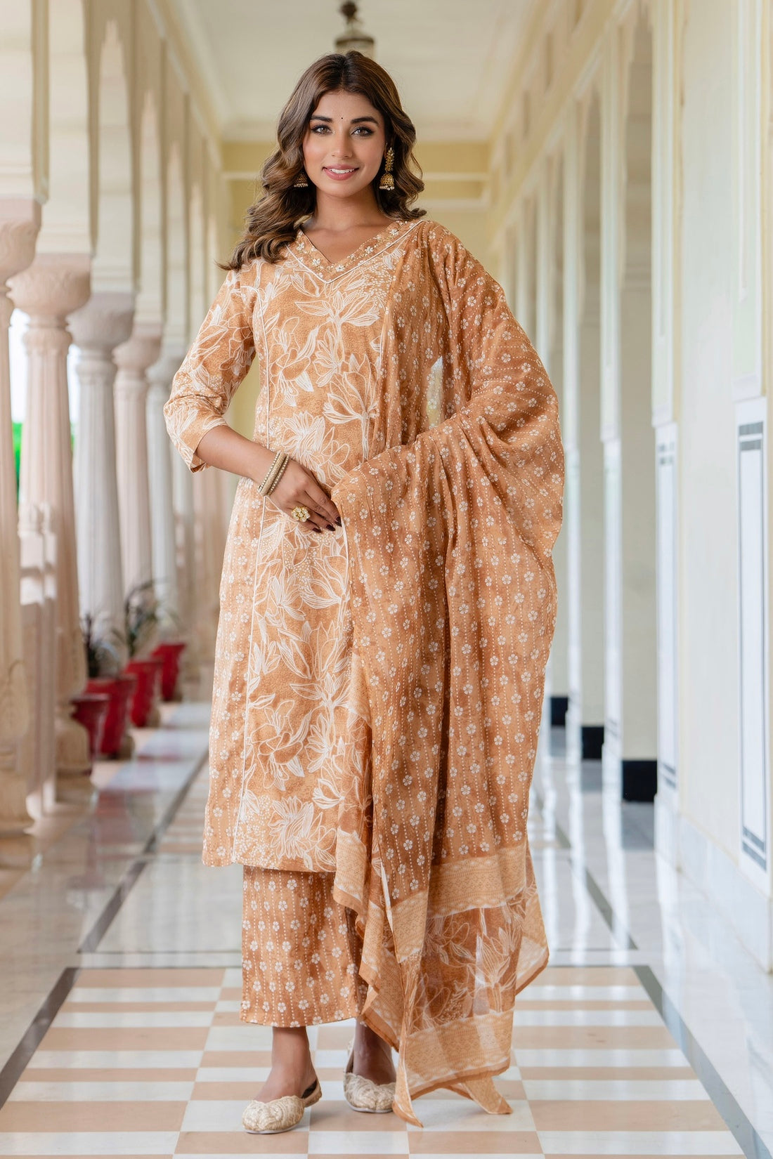 Nandita - Brown Floral Printed Kurta Set with Palazzo and Dupatta