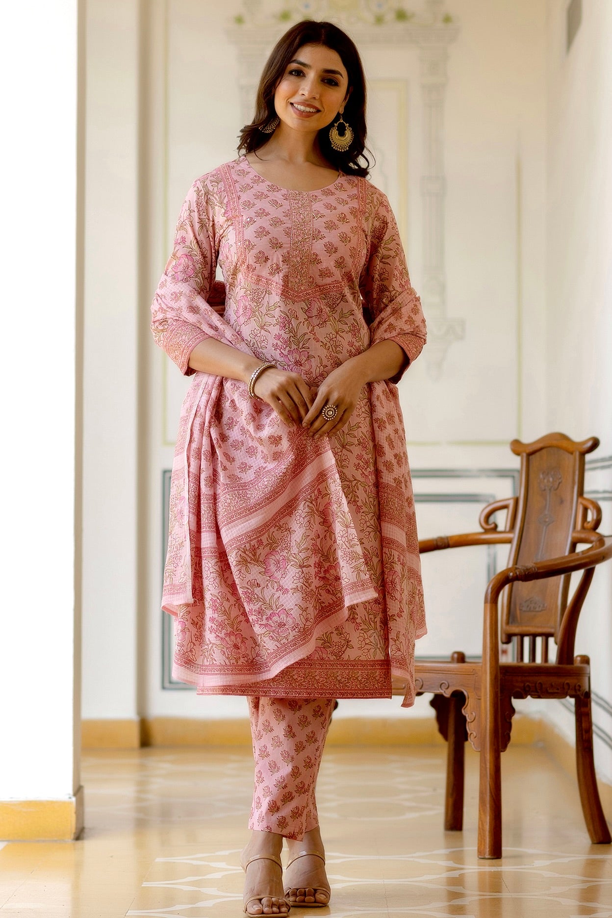 Kusha - Pink Floral Printed Cotton Kurta Set with Dupatta