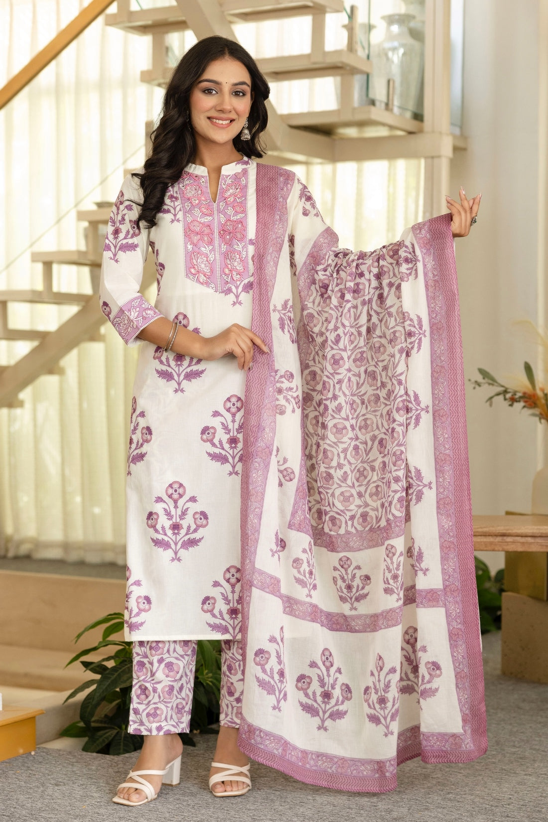 Purple Motif Print Plackett Highlight Lined Kurta Set with Trousers and Dupatta