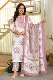Purple Motif Print Plackett Highlight Lined Kurta Set with Trousers and Dupatta