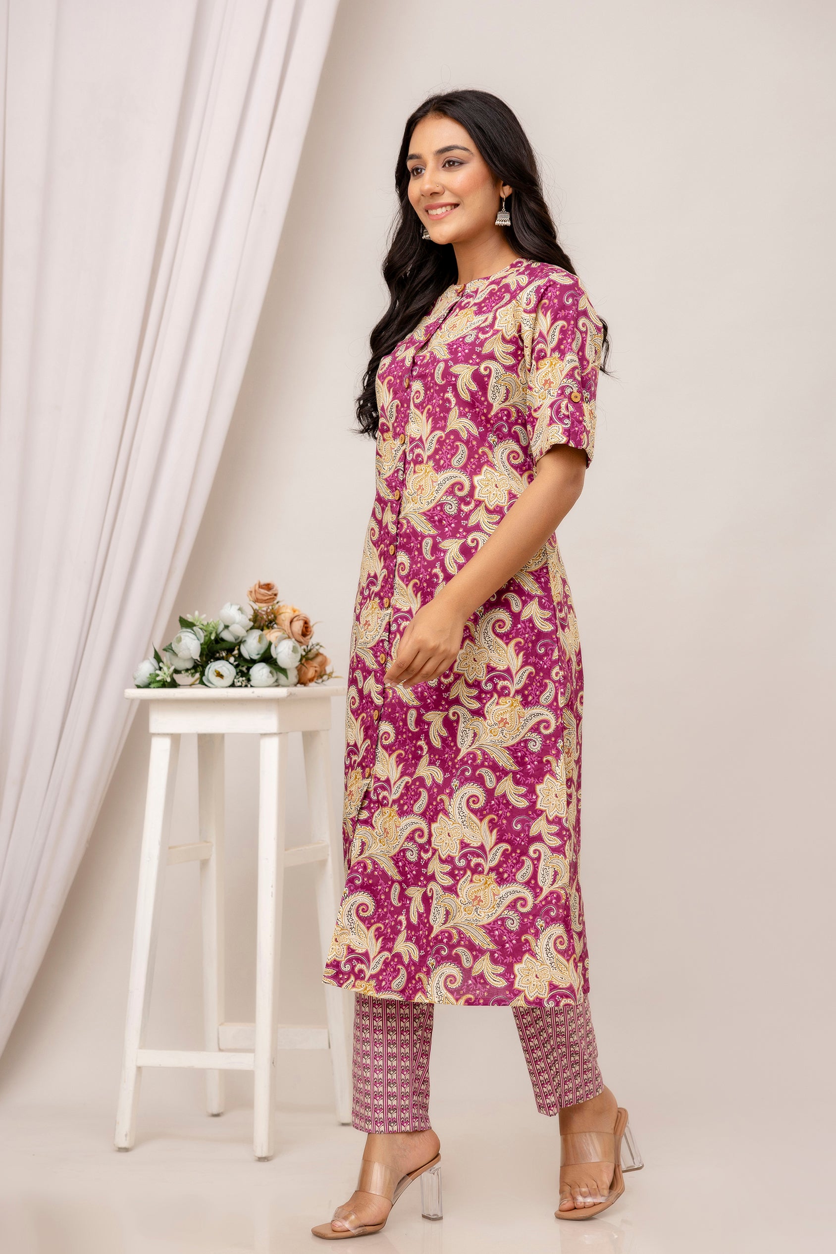 Maeve - Purple Printed Cotton A-line Kurta with Pants