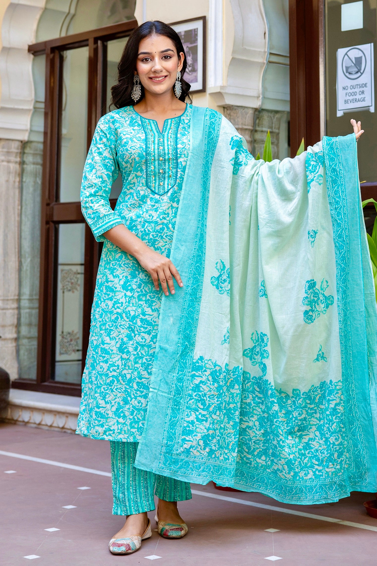 Alina - Sea Green Floral Printed Cotton Kurta Set with Dupatta