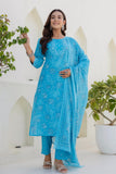 Sky Blue Floral Printed Cotton Kurta Set with Trousers and Dupatta