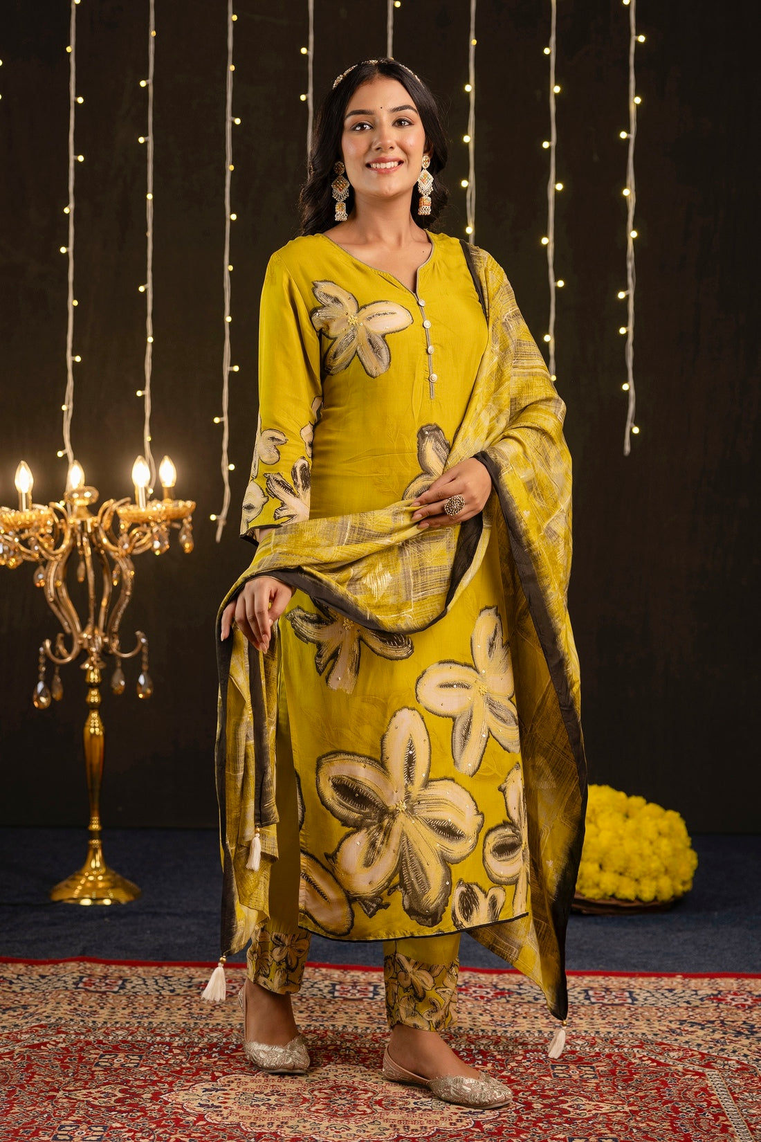 Vaibhavi - Yellow Floral Printed Festive Silk Kurta Set with Dupatta