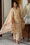 Aurelia - Beige Floral Printed Cotton Kurta Set with Dupatta