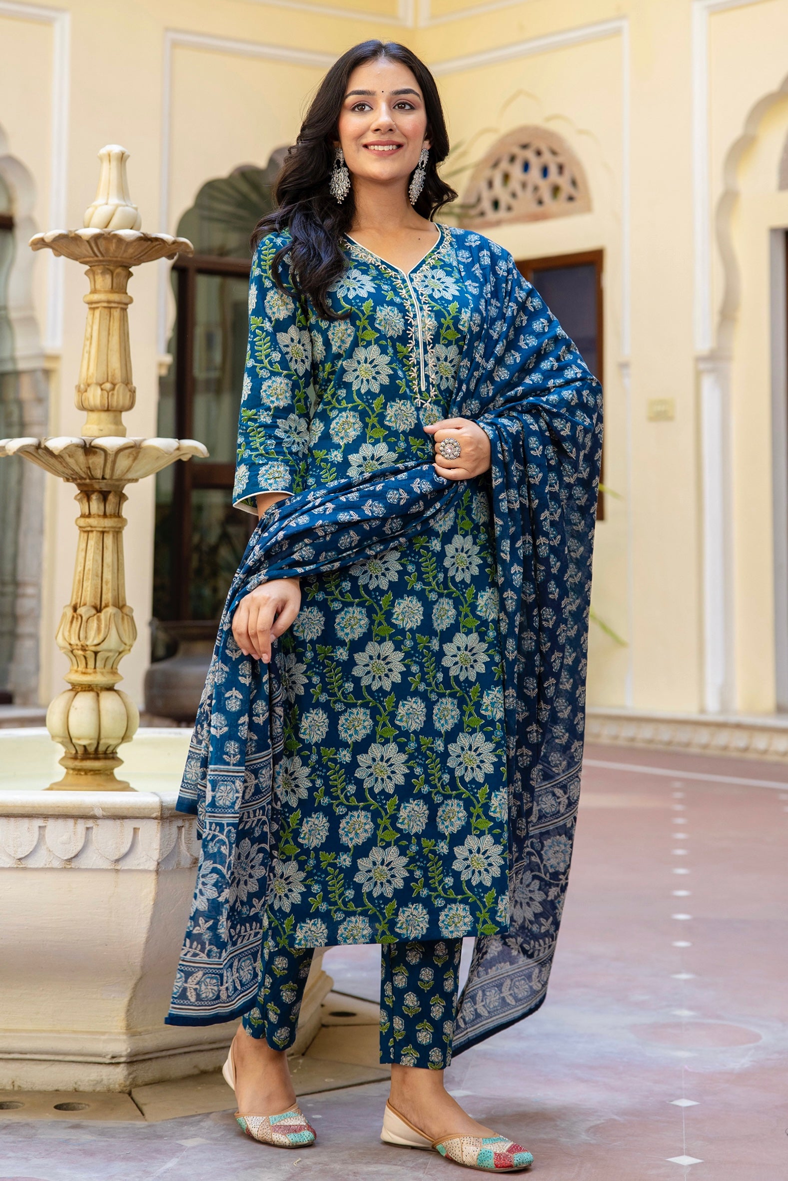 Lucia - Deep Blue Katha Work Cotton Kurta Set with Dupatta