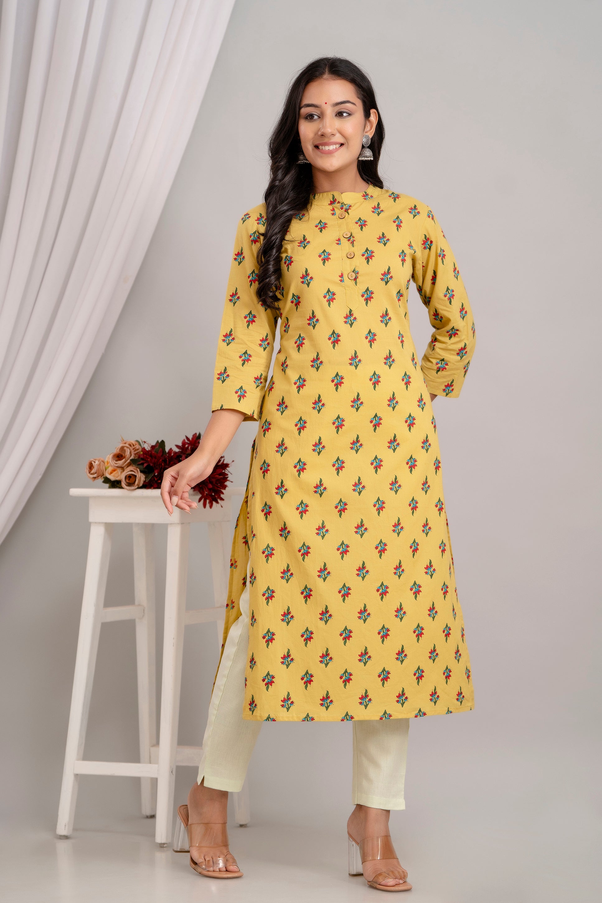 MIRA - Yellow Mandarin Collar Cotton Printed Kurta