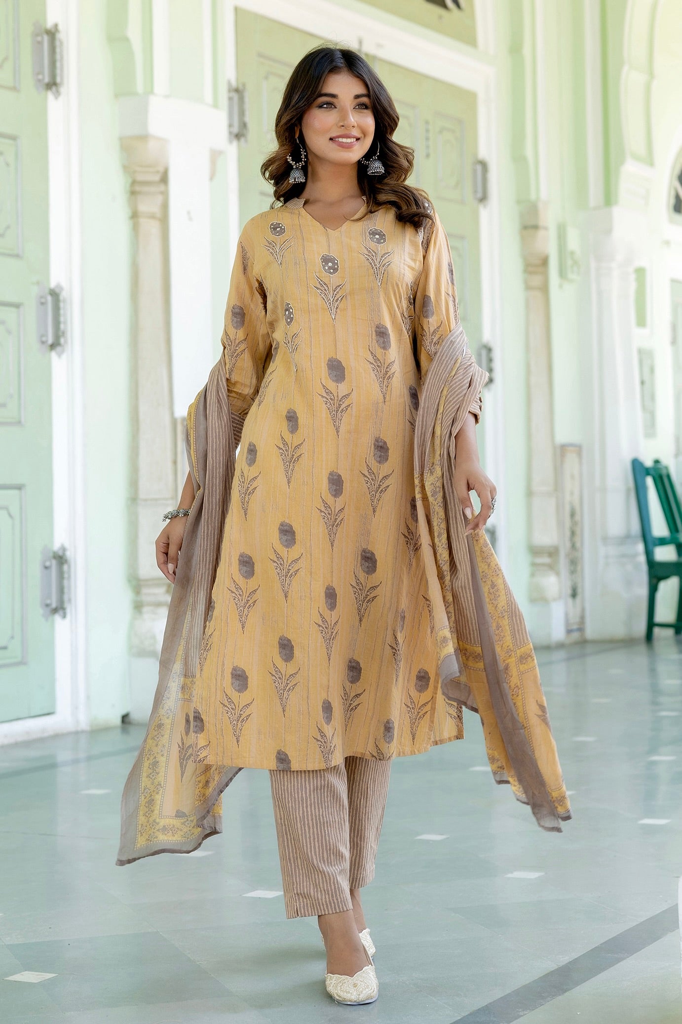 Dhriti - Beige Collar Neck Cotton Kurta set with Dupatta