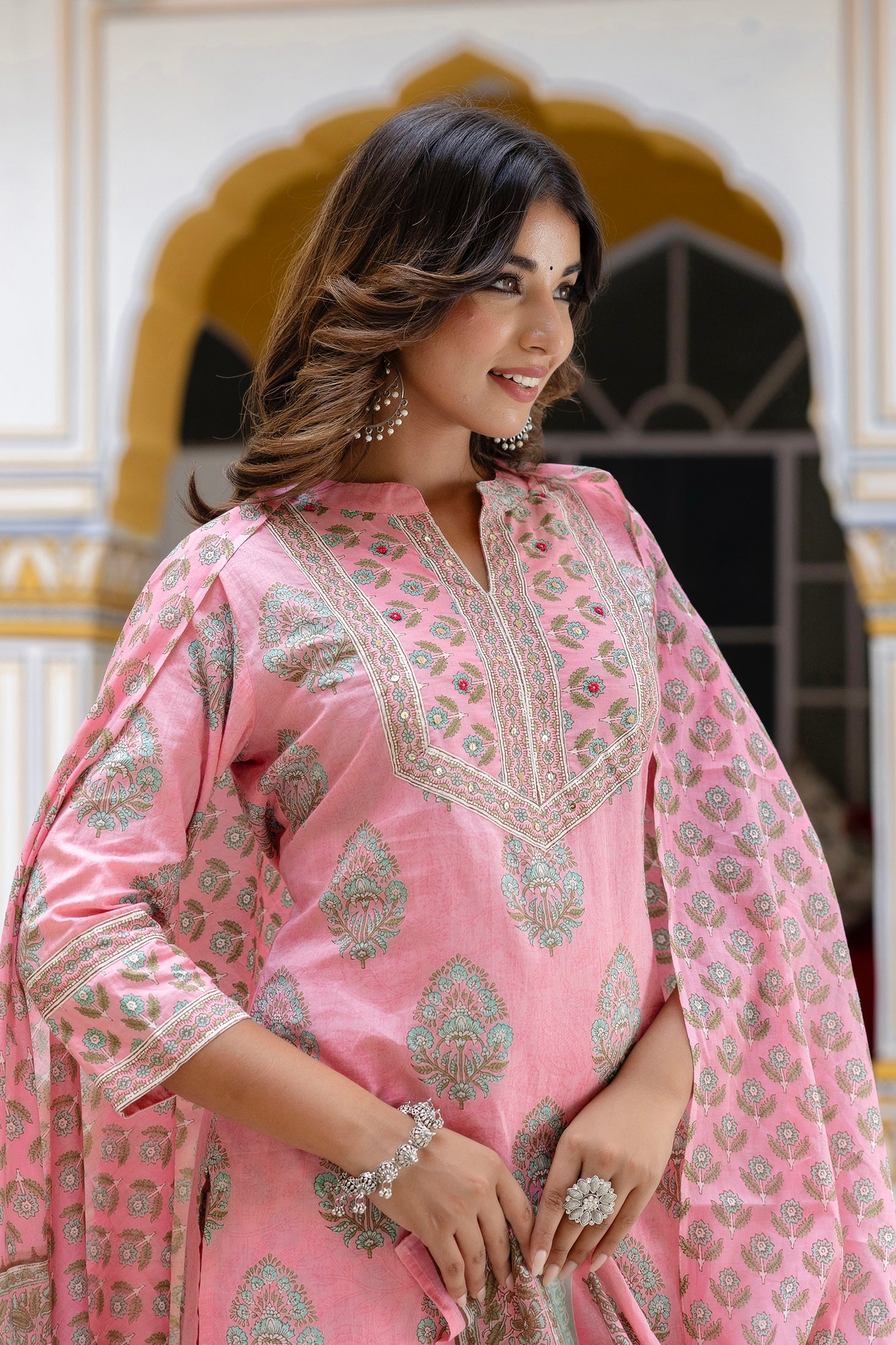 Harper - Pink Motif Printed Yoke Design Cotton Kurta Set with Dupatta