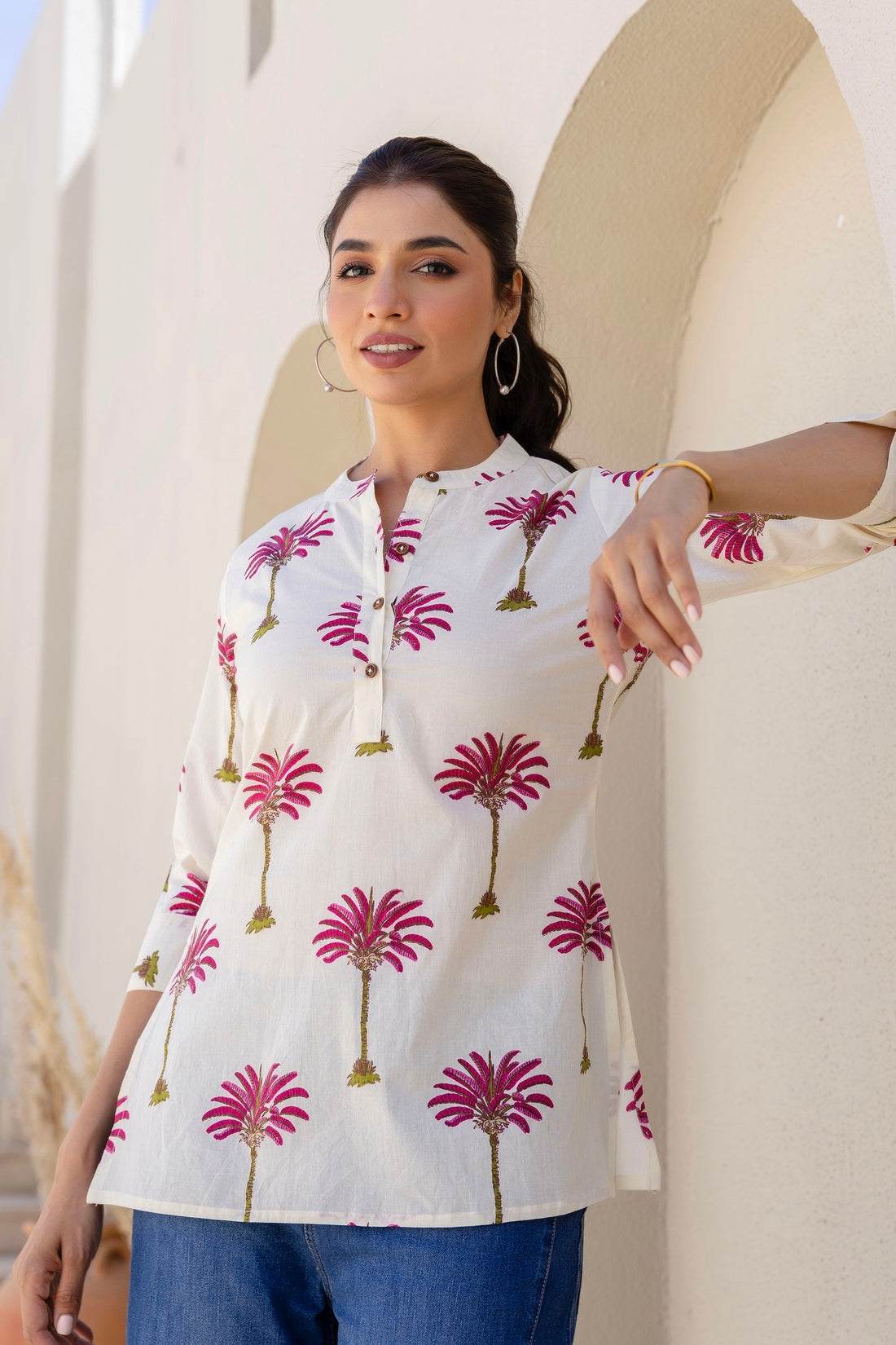 Evadyne - Cream Palm Tree Printed Cotton Short Kurti