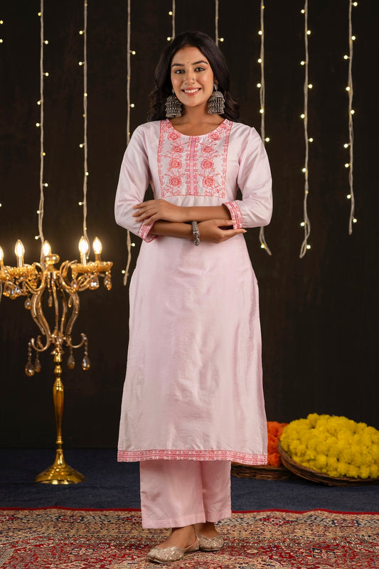 Shloka - Pink Silk Embroidered Kurta