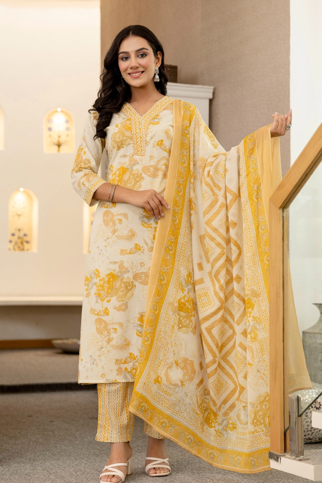 Mustard Abstract Print Cotton Kurta Set with Trousers and Dupatta