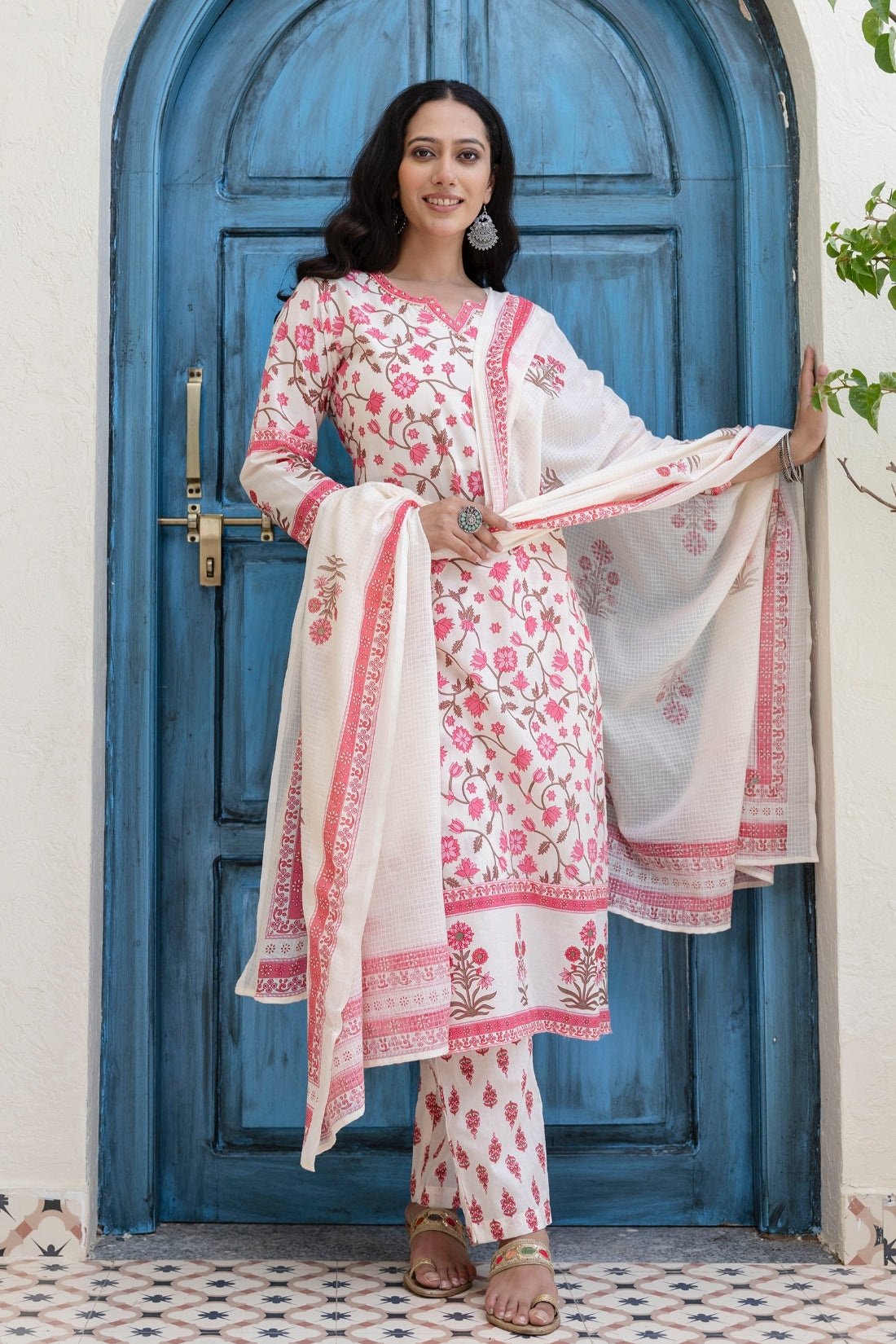 Off White and Pink Cotton Lined Kurta Set with Trousers and Dupatta