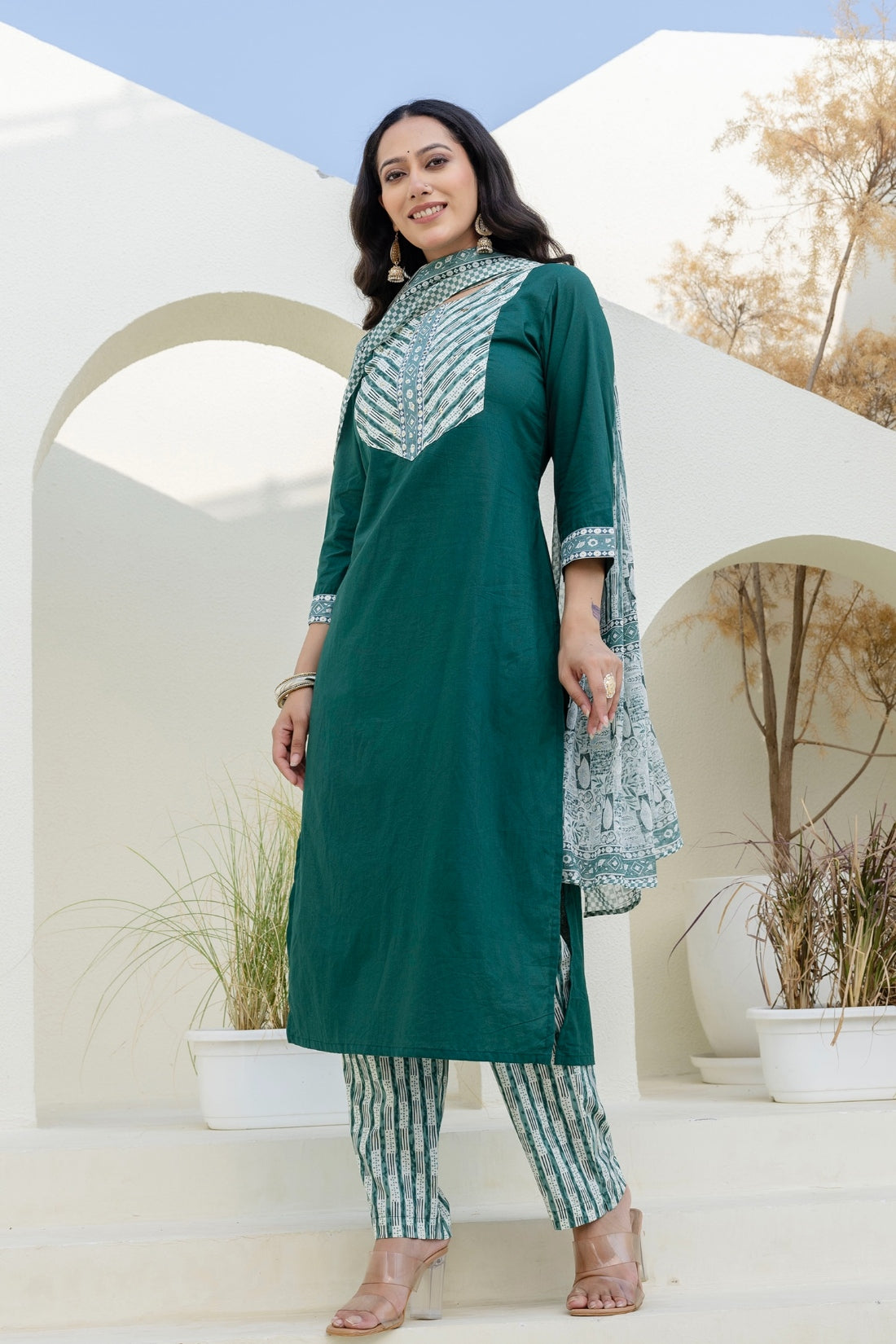 Bottle Green Solid Yoke Design Kurta Set with Trousers and Dupatta