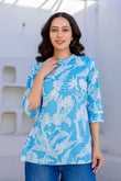 Arden - Blue Tropical Print Cotton Short Kurti