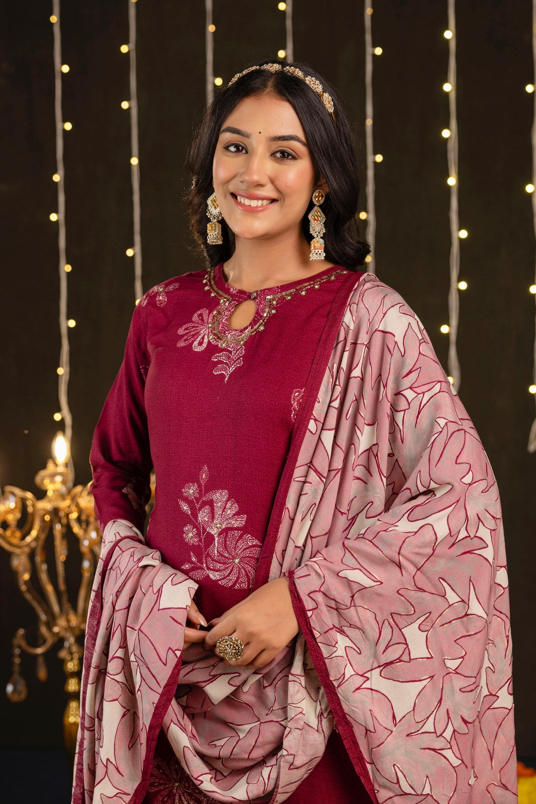 Vaani - Maroon Printed Festive Silk Kurta Set with Dupatta