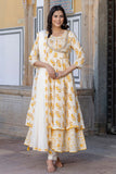 Aadya - Off-White and Yellow Printed Double Flare Anarkali Suit Set