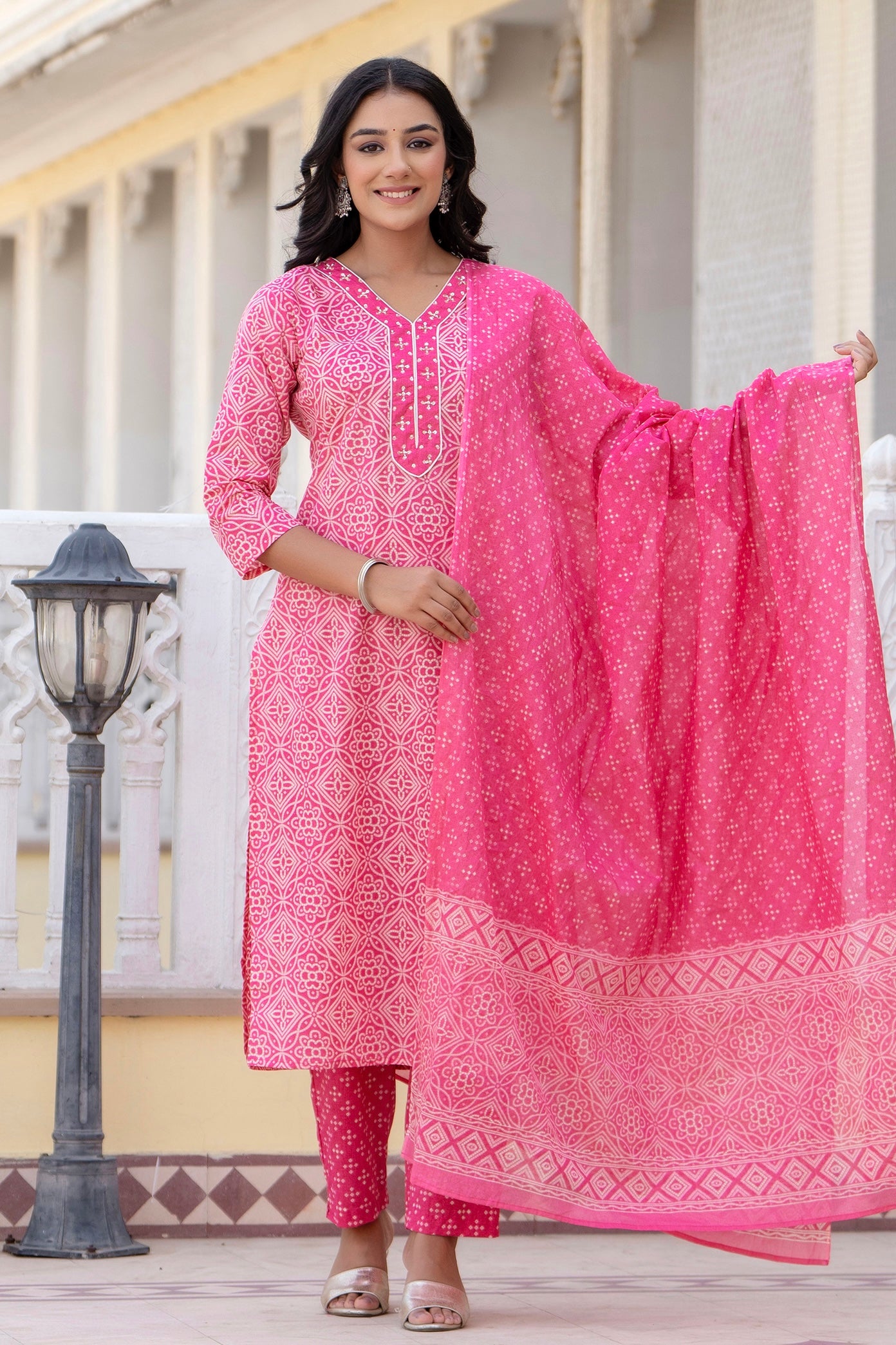 Nia -Pink Bandhej Print Festive Cotton Kurta Set with Dupatta