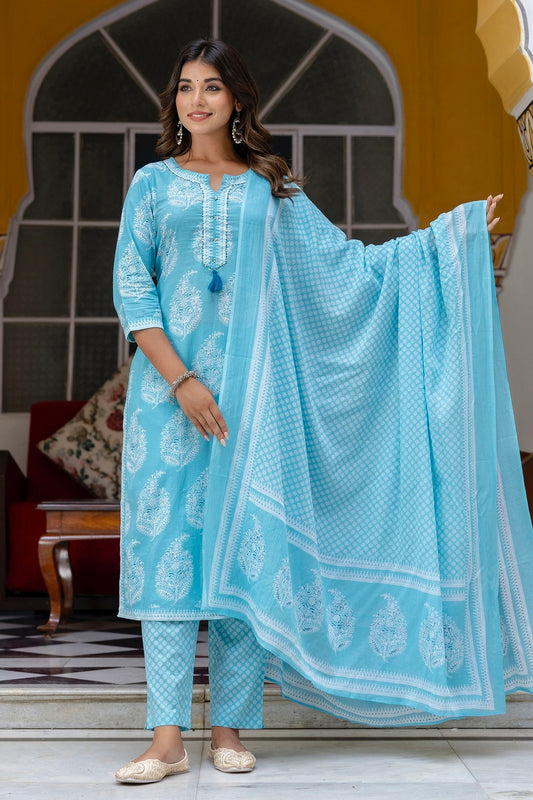 Bhumi - Sky Blue Printed Cotton Kurta Set with Dupatta