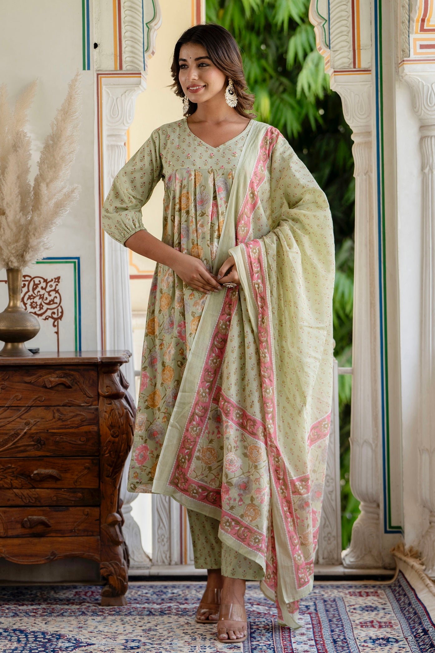 Layla - Green Pleated A-line Flared Cotton Kurta Set with Dupatta