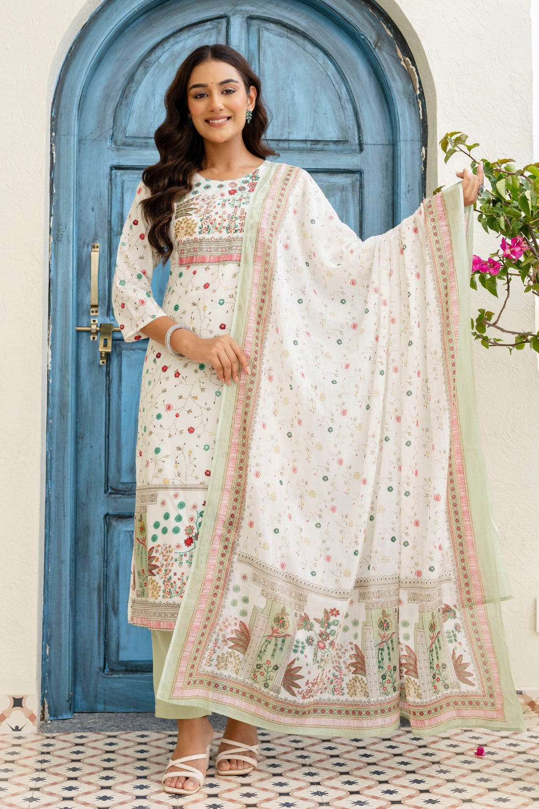 Off White and Green Cotton Lined Kurta Set with Trousers and Dupatta