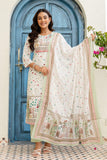 Off White and Green Cotton Lined Kurta Set with Trousers and Dupatta