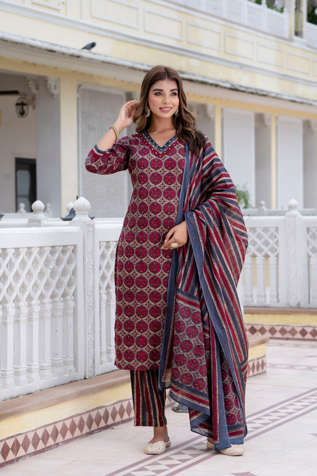 TARA - Maroon Motif Printed Kurta Set with Trouser and Dupatta