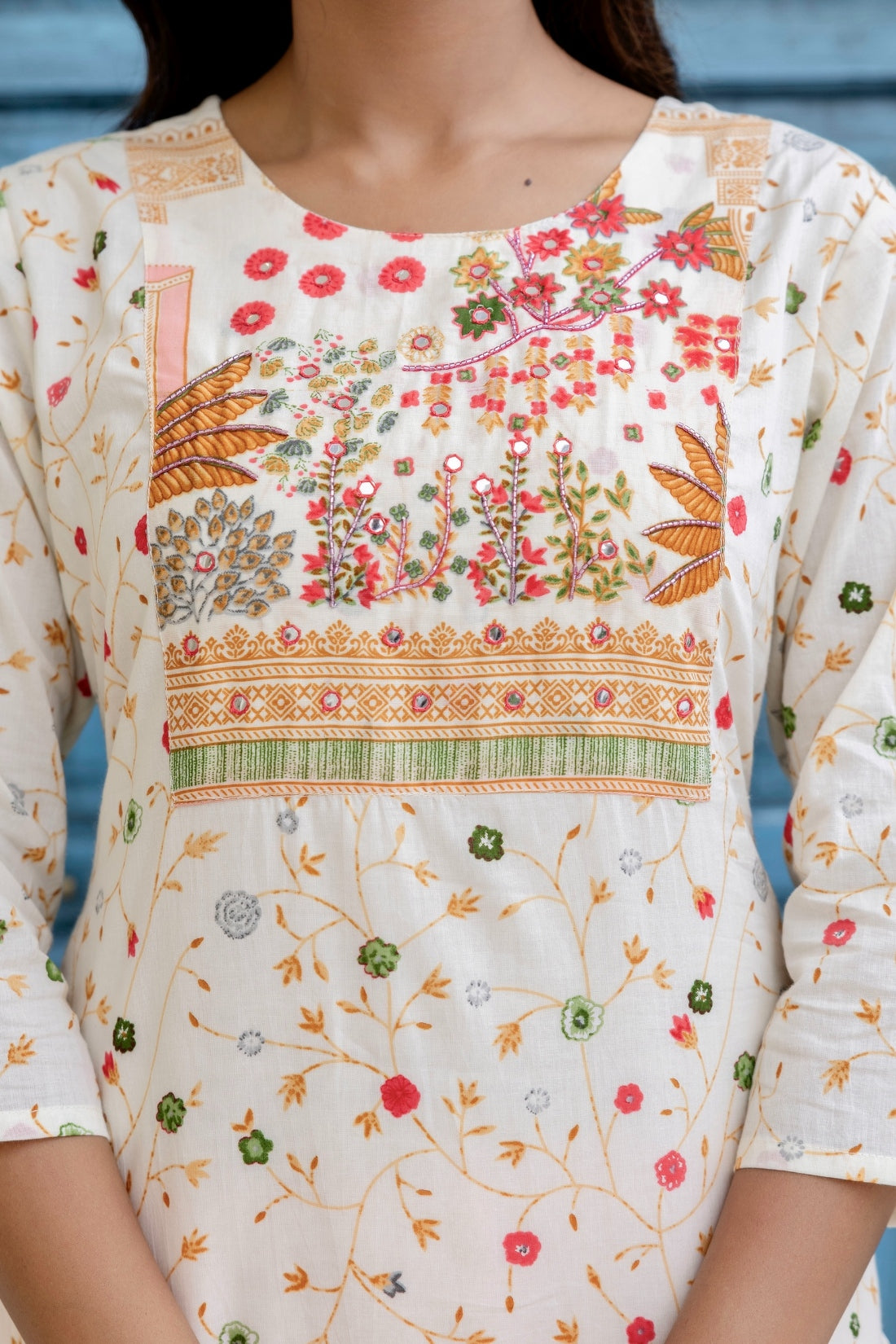 Off White and Pink Cotton Lined Kurta Set with Trousers and Dupatta