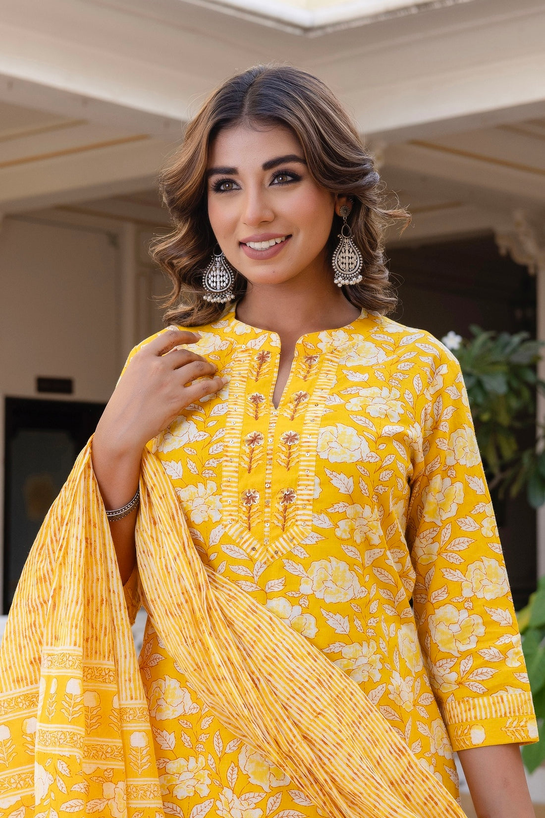 Yellow Plackett Design Cotton Kurta Set with Trousers and Dupatta