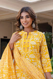 Yellow Plackett Design Cotton Kurta Set with Trousers and Dupatta