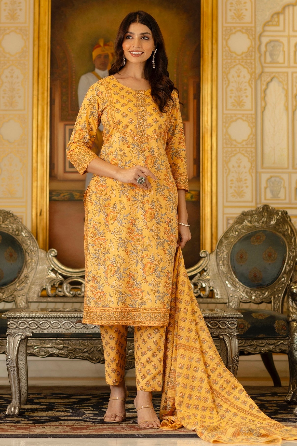 Suhani - Mustard Yellow Floral Printed Cotton Kurta Set with Dupatta