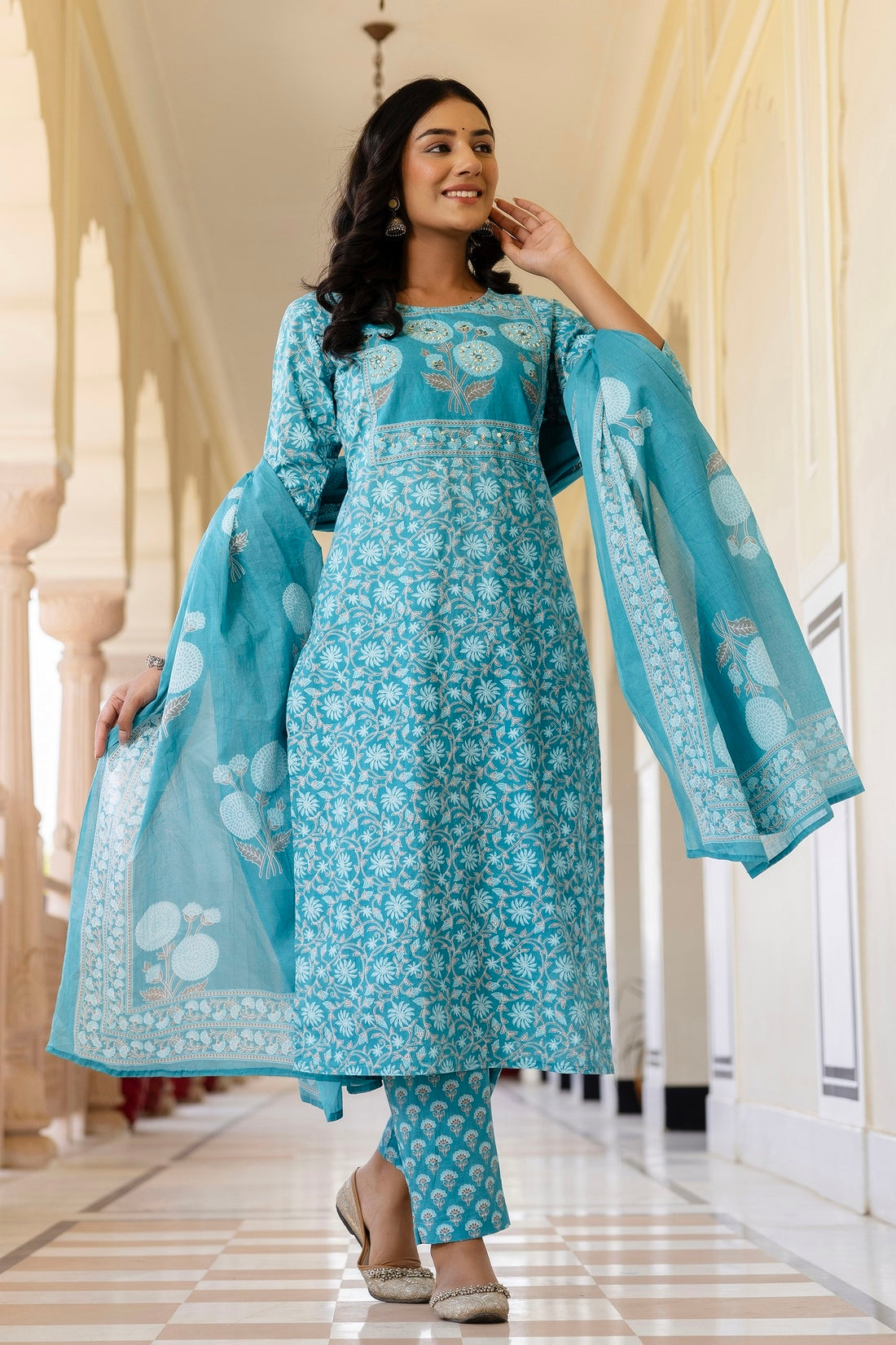 Blue Yoke Highlighted Floral Cotton Kurta Set with Trousers and Dupatta
