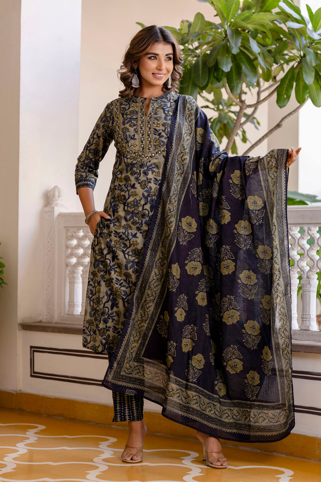 DIVYA - Green and Blue Printed Cotton Kurta Set with Trouser and Dupatta