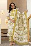 Yellow Motif Print Plackett Highlight Lined Kurta Set with Trousers and Dupatta