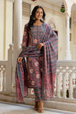 Nova - Grey and Pink Yoke Design Cotton Kurta Set with Dupatta