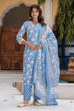 Sana - Blue Lacework Floral Printed Cotton Kurta Set with Dupatta