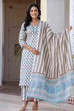 Eliana - Blue and White Collar Neck Cotton Kurta Set with Dupatta