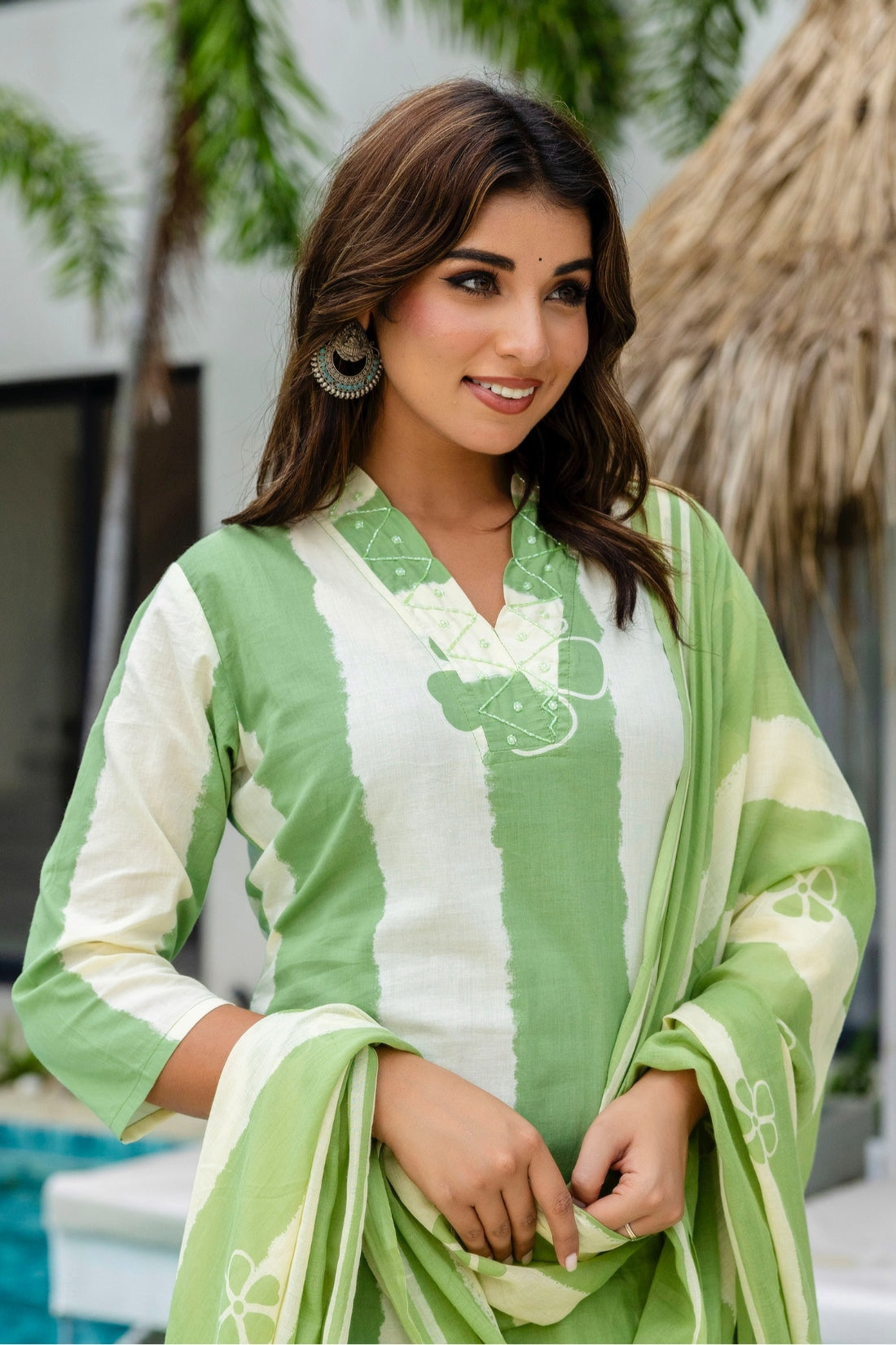 Green and Off White Color Blocked Kurta Set with Trousers and Dupatta