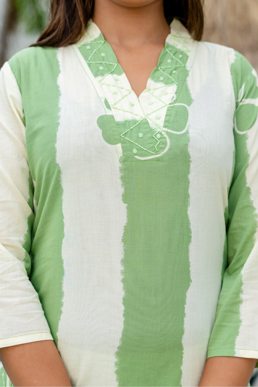 Green and Off White Color Blocked Kurta Set with Trousers and Dupatta