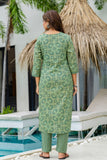 Green Ajrakh Print V-neck Cotton Kurta Set with Trousers and Dupatta