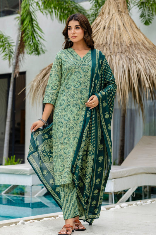Green Ajrakh Print V-neck Cotton Kurta Set with Trousers and Dupatta